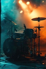 Poster - A drum set placed on a stage at night. Perfect for music events and concerts