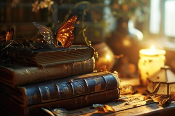 Poster - A stack of books sitting on top of a wooden table. Ideal for educational or library-related content