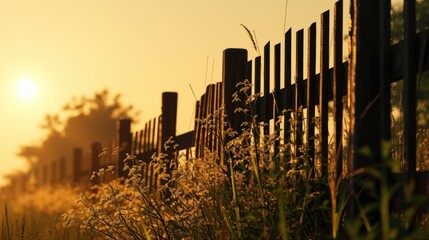 Poster - A picturesque sunset with the sun setting behind a fence surrounded by tall grass. Perfect for nature and landscape themes