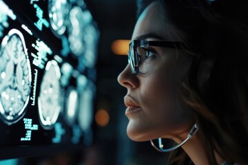 Poster - A woman wearing glasses focuses her attention on multiple clocks. This versatile image can be used to depict concepts of time management, punctuality, multitasking, and productivity