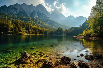 Poster - A peaceful lake nestled among lush trees and majestic mountains. Perfect for nature-themed designs and outdoor adventure concepts