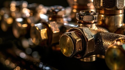Canvas Print - A close-up view of a bunch of valves. This image can be used to illustrate industrial machinery or mechanical engineering concepts