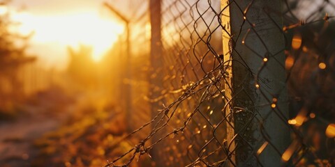 Poster - A beautiful sunset is captured behind a chain link fence. This image can be used to depict concepts of solitude, barriers, or the end of a day