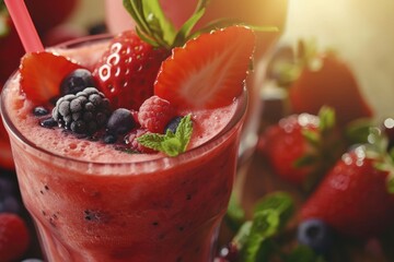 Poster - A refreshing and healthy smoothie made with fresh strawberries, blueberries, and mint leaves. Perfect for a quick and nutritious snack or a refreshing drink on a hot day