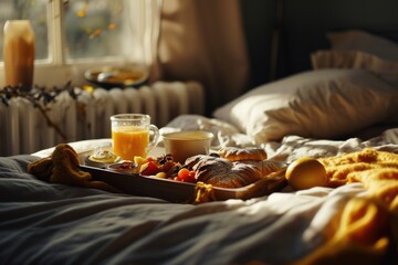 Wall Mural - A tray of food placed on top of a bed. Ideal for illustrating breakfast in bed or hotel room service