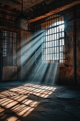 Poster - Sun shining through a barred window in an old building. Perfect for adding a touch of light and atmosphere to your projects