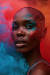 Poster - A woman with blue and red smoke on her face. This unique image can be used for artistic projects or to symbolize creativity and mystery