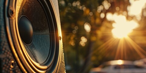 Poster - A close-up view of a speaker with the sun shining in the background. This image can be used to depict music, sound, technology, or outdoor events.