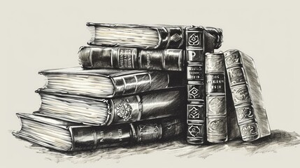 Poster - A stack of books neatly arranged on top of each other. Can be used to symbolize knowledge, education, or studying