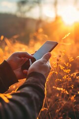 Canvas Print - A person holding a smartphone in a field. Suitable for technology and nature-related projects