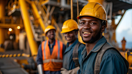 African industrial workers in the oil tube station at sea