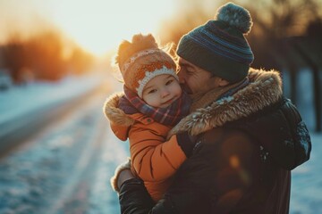 Canvas Print - A touching image of a man holding a child in his arms. Perfect for illustrating the bond between a father and child.