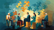 simple Vector Illustration art of Design a vector scene of men and women engaged in reflective thinking, surrounded by floating puzzle pieces that come together to form a cohesive picture, representin