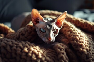 Aufkleber - A cat with striking blue eyes relaxing on a cozy blanket. Perfect for pet lovers or animal-themed designs