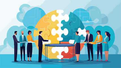 Wall Mural - simple Vector Illustration art of Develop a vector artwork featuring a business team in a circular discussion, with each member holding a puzzle piece, symbolizing the collaborative effort to solve co