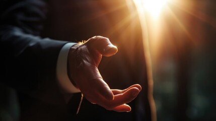Poster - A man in a suit extending his hand towards the sun. Ideal for depicting ambition and reaching for goals