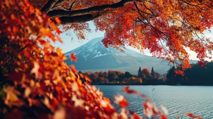 Sticker - A picturesque lake with a magnificent mountain in the background. This tranquil scene is perfect for nature enthusiasts and travel brochures