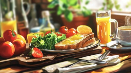 Poster - A table with a plate of food and a cup of coffee. Perfect for food and beverage concepts