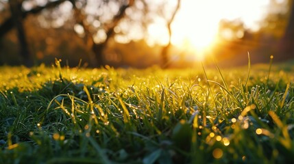 Poster - A beautiful sunset with the sun setting behind the grass in the park.