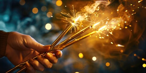 Aufkleber - A person holding a sparkler in their hand. Perfect for celebrating special occasions or creating a festive atmosphere