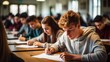 © Zainab - A university high school group of students studying in the classroom. writing and learning on the desk. having an exam test