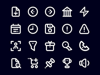 Poster - Dark Mode Outline Style User Interface Icon Pack. Collection of Essential Icon Sets, Perfect for Websites, Landing Pages, Mobile Apps, Presentations and for UI UX Needs.