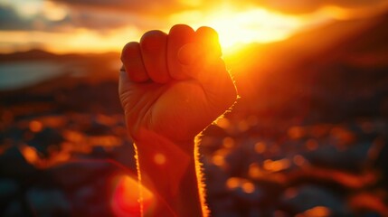Poster - A person's hand is captured in silhouette against a stunning sunset.