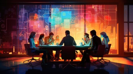 dynamic team collaboration in a futuristic office setting with holographic data visualization. ideal for presenting themes of innovation, strategy, and cutting-edge technology in business