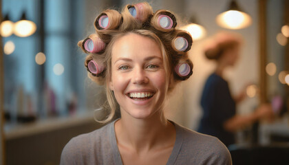 Wall Mural - Portrait of an attractive young woman with curlers in her hair