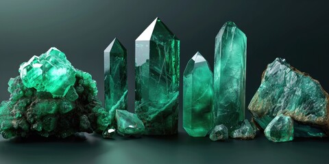 Poster - A group of green crystals sitting next to each other. Perfect for adding a touch of nature and elegance to any project