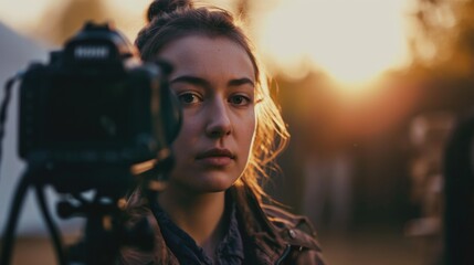 Aufkleber - A woman is capturing a moment with her camera. This image can be used for various purposes