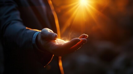 Poster - A person holding out their hand towards the radiant sun. This image can be used to represent hope, aspiration, or connection with nature