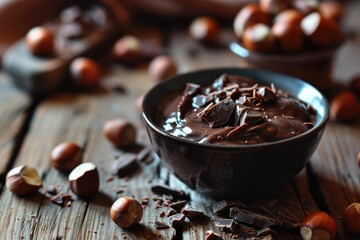 Poster - A bowl of chocolate and nuts displayed on a wooden table. Perfect for food and snack-related projects