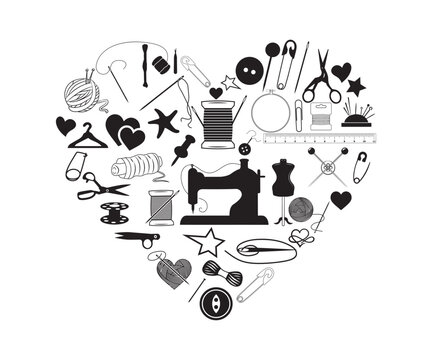 Sewing Vector, I love Quilting, Quilting Sewing Heart, Quilting lover, Sewing Equipment Heart Arrangement, sewing heart