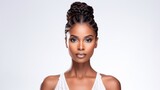 Portrait of beautiful black african american woman with curly long braids and bun. perfect face structure. sharp jawline looking straight forward in front. isolated on white background