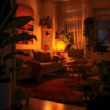 Picture of a Philips Hue smart lighting setup in a cozy room, shot with a wide aperture to capture the light's ambiance.--v6.0 Generative AI
