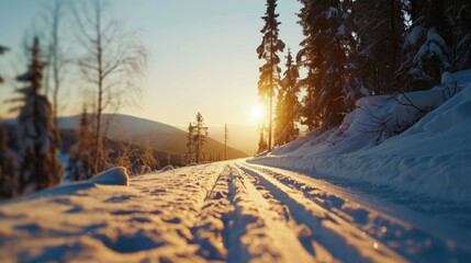 Poster - A beautiful sunset over a snow-covered mountain. Perfect for winter landscapes and nature-themed designs