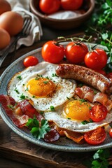 Poster - A delicious plate of eggs, sausages, and tomatoes, perfect for a hearty breakfast. Ideal for food-related projects and cooking websites