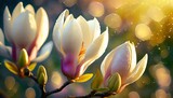 Fototapeta Kwiaty - Kwiaty magnolii pokryte kroplami wody. Wiosenne tło