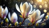 Fototapeta Kwiaty - Kwiaty magnolii pokryte kroplami wody. Wiosenne tło