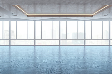 Poster - Empty clean spacious interior design with panoramic windows and city view, reflections on wooden flooring. 3D Rendering.