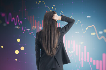 Sticker - Back view of stressed businesswoman with creative falling forex chart on blurry bokeh grid background. Trade, money, finance and crisis concept.