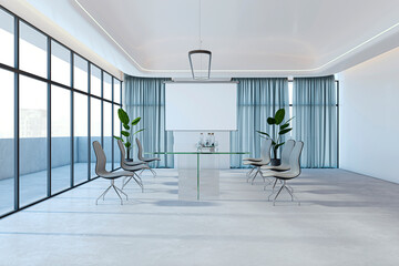Poster - Contemporary conference room interior with empty white mock up poster, window and city view, waiting area. 3D Rendering.