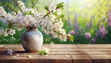 White Cherry Branches Covered With White Flowers In A Vase On A Wooden Tabletop. Blooming Garden Plants In The Background. Spring Background