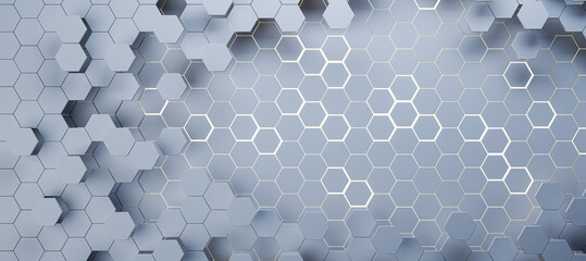 Wall Mural - Wide gray hexagonal background. Landing page concept. 3D Rendering.