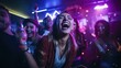 A group of diverse young friends singing at a karaoke party in a night club, laughing and having fun together