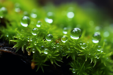 Leinwandbilder - Macro shot of raindrops on moss, emanating the refreshing scent of petrichor, encapsulating the essence of a rainy day.