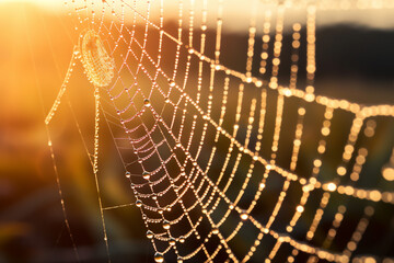 Poster - Macro close-up of a spider diligently constructing its web in the early morning, glistening with dew.