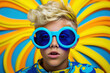 A Caucasian boy, around 10 years old, wearing fun, bright blue, circular sunglasses with yellow lenses, close-up on the playful and vibrant colors