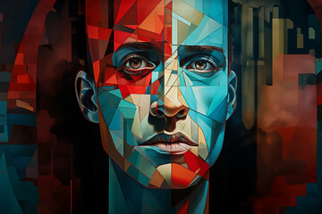 Poster - An abstract representation of a person's face fragmented into geometric shapes, exploring the complexity of identity.